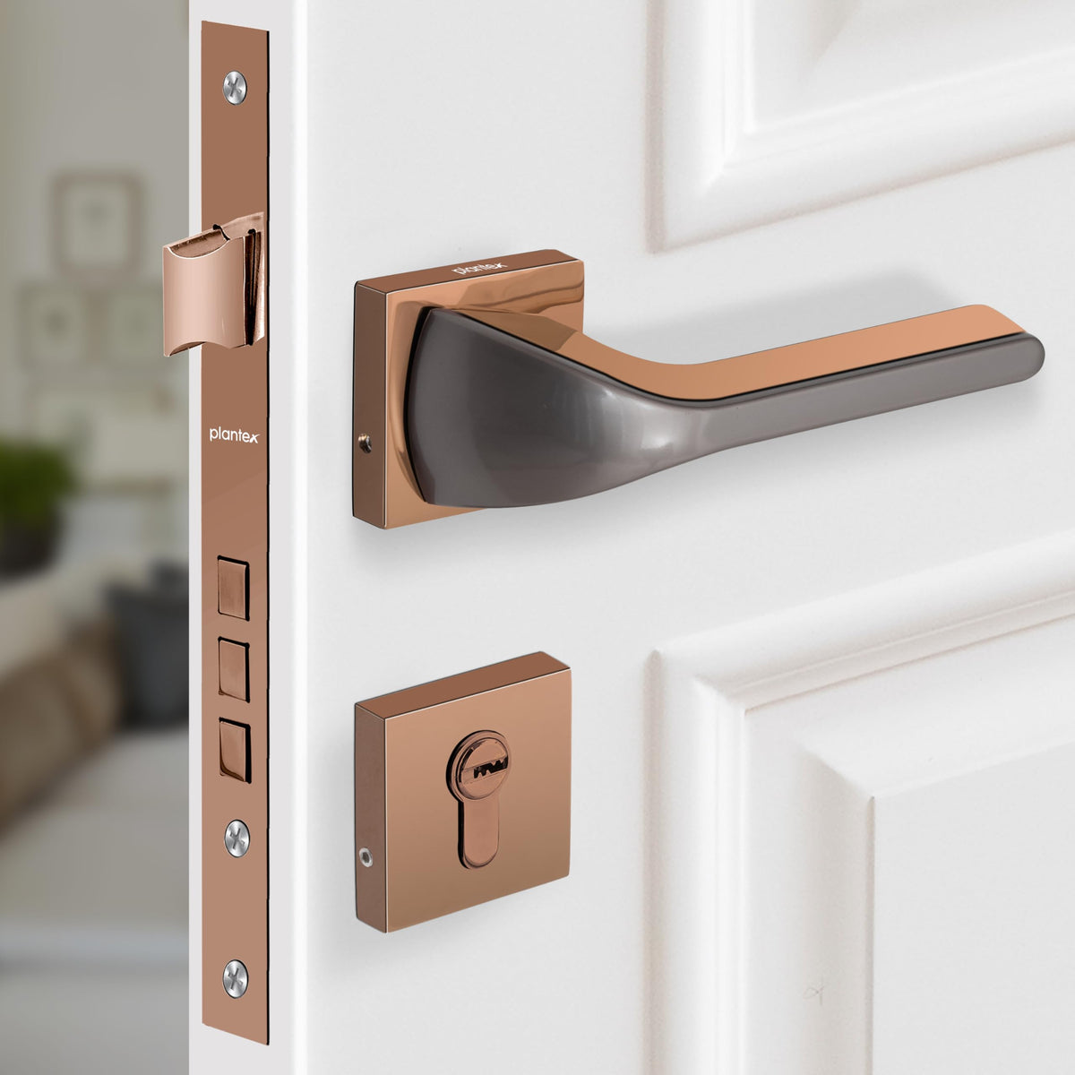 Plantex Heavy Duty Mortise Lock/Main Door Lock/Door Handle Set for Home/Office - Door Accessories- (APS-PT-009- Rose Gold - Satin)