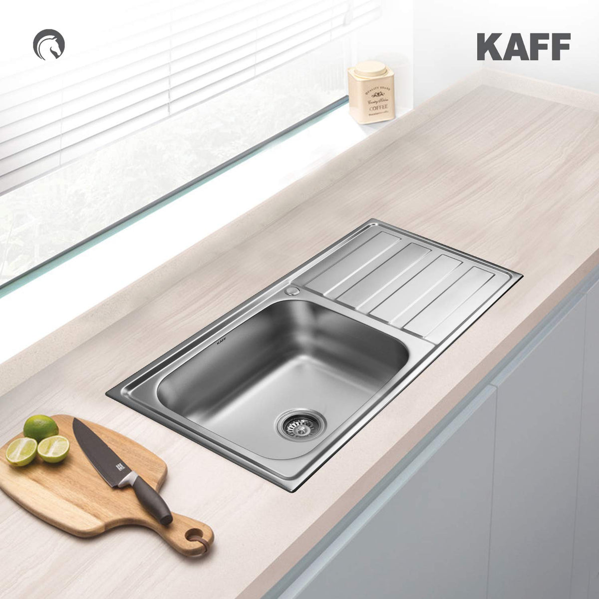 Kaff KSD 10 SBD Single Bowl with Drain Board Stainless Steel Sink Anti Condensation Coating Thick Sound Reduction pad on