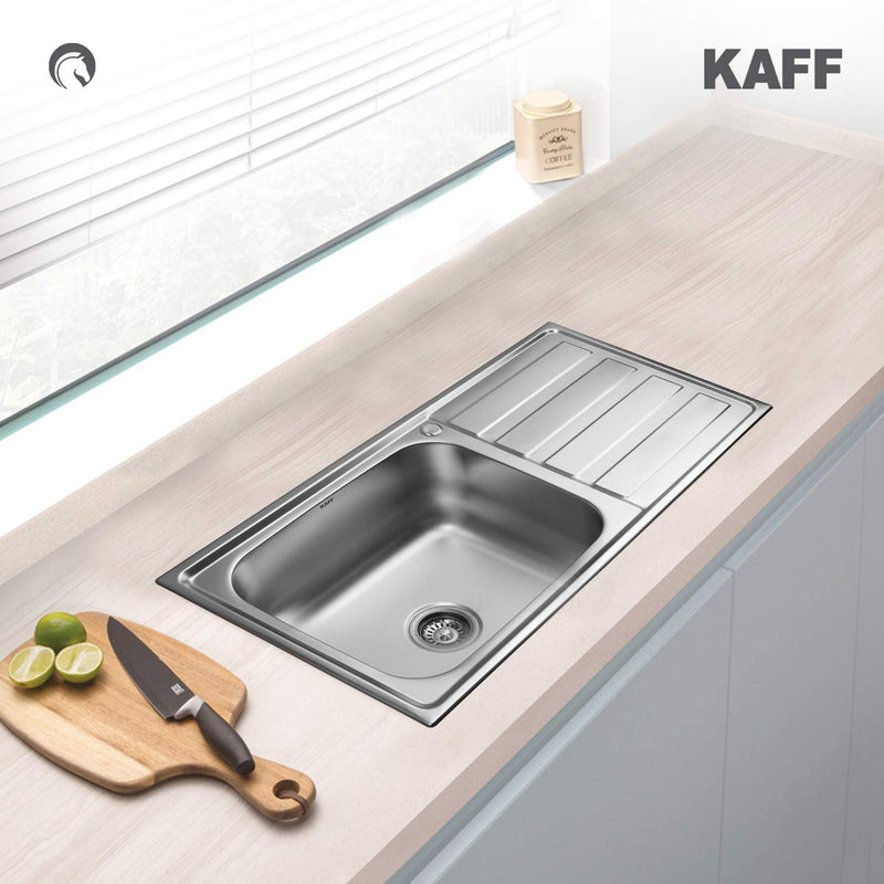 Kaff KSD 10 SBD Single Bowl with Drain Board Stainless Steel Sink Anti Condensation Coating Thick Sound Reduction pad on