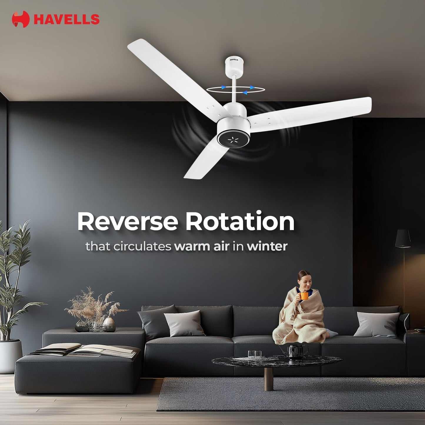 Havells FAB BLDC ULED Ceiling Fan 1200mm, 5 star, LED Speed Indicator, 380 RPM, Up to 65% Savings, Reverse Rotation,4 Speed Modes, Low Wattage 30W, Low Noise, Air Flow:225 CMM, 3 Year Warranty, White