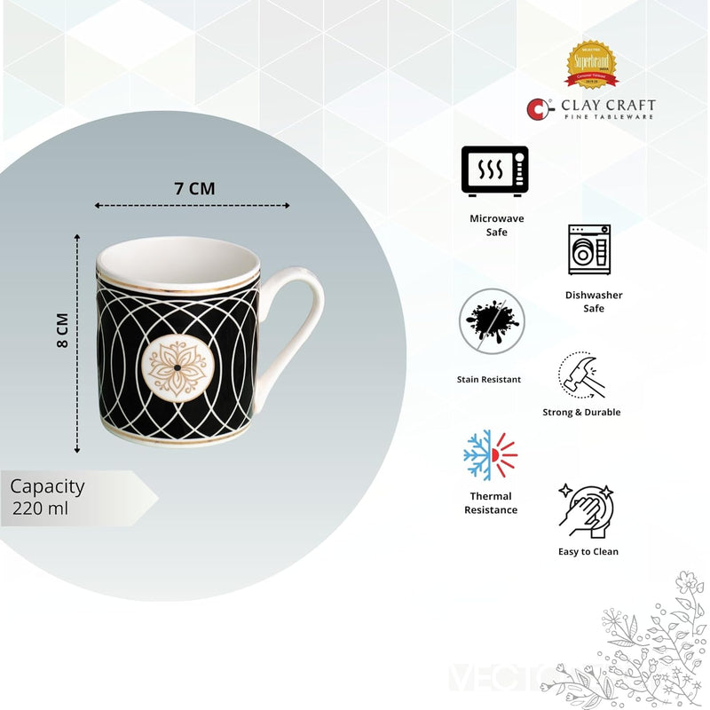 Clay Craft Fine Ceramic Melon Noir Tea/Coffee Cup Set of 6-220 ml Each (N403) Perfect for Afternoon Tea, Gifts, and Home Decor, Elegant Ceramic Mugs, Modern Milk Mugs, Coffee Mugs,