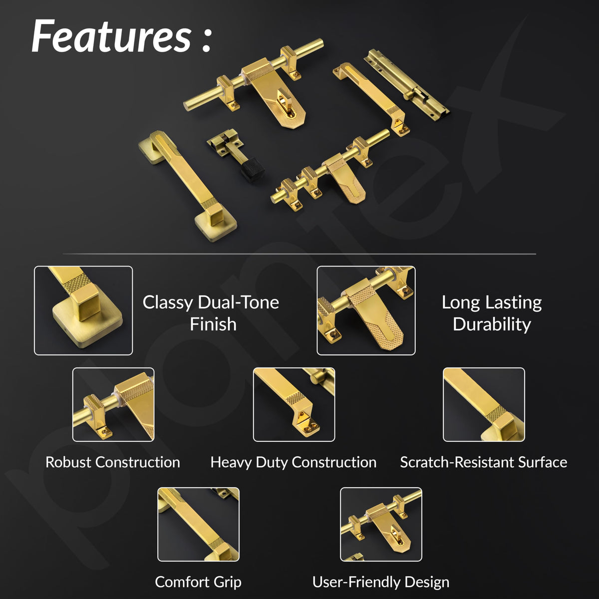 Plantex Stainless Steel Door Kit for Single Door/Door Accessories (10-inch Al-Drop,8-inch Latch,2 Handles of 8 and 7 Inch,7-inch Tower Bolt and 4-inch Door Stopper- (PVD Gold)-4