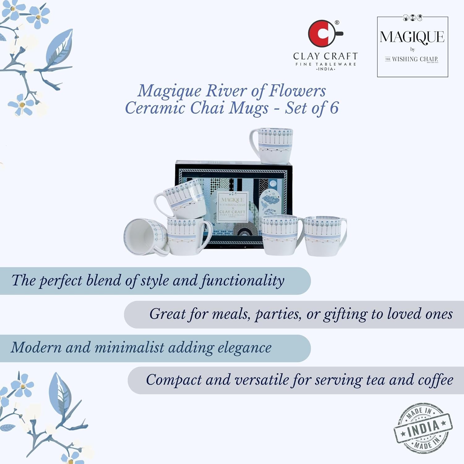 Magique by The Wishing Chair x ClayCraft : River of Flowers Ceramic Chai Mugs - Set of 6 |180 ml | Elegant Floral Design | Mugs for Coffee | Ideal for Gifting | Perfect for Home & Office