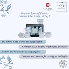 Magique by The Wishing Chair x ClayCraft : River of Flowers Ceramic Chai Mugs - Set of 6 |180 ml | Elegant Floral Design | Mugs for Coffee | Ideal for Gifting | Perfect for Home & Office