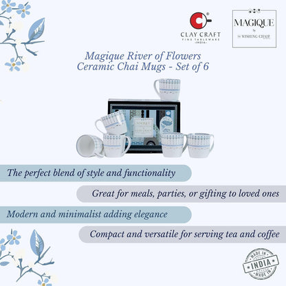 Magique by The Wishing Chair x ClayCraft : River of Flowers Ceramic Chai Mugs - Set of 6 |180 ml | Elegant Floral Design | Mugs for Coffee | Ideal for Gifting | Perfect for Home & Office