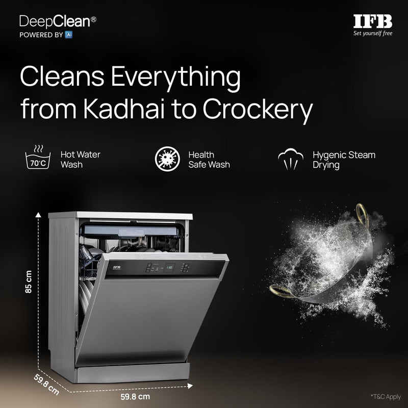 IFB 15 Place Freestanding Dishwasher with DeepClean® Technology, 3rd Cutlery Tray, 70°C Hot Water Wash, Turbo Drying, An