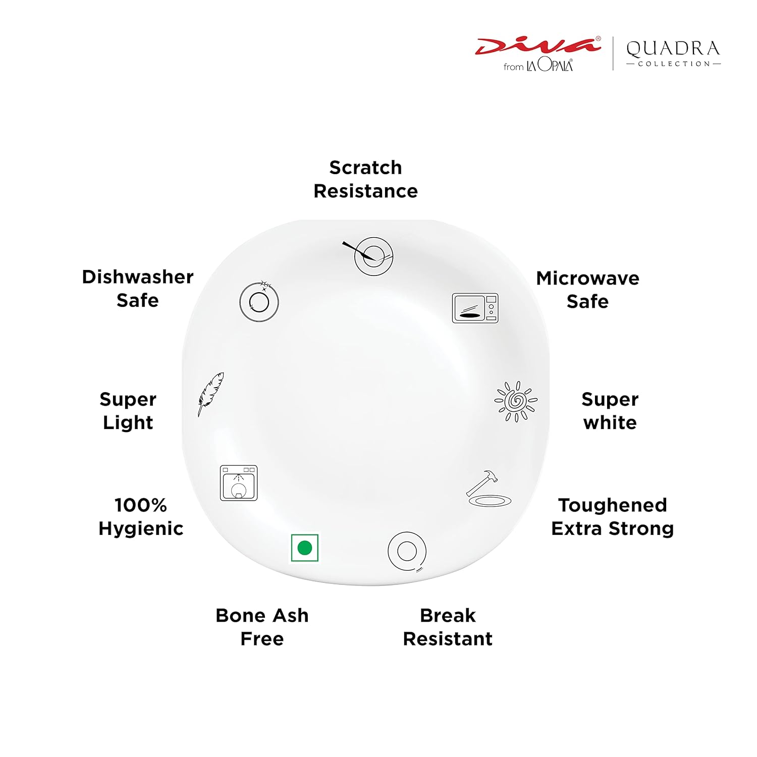 La Opala Diva Quadra Collection Opal Glass Crockery | Full Plate Set of 6 Summertide | Square Dinner Plate for Dining & Gifting | Microwave Safe | 100% Vegetarian | Extra Strong | Light & White