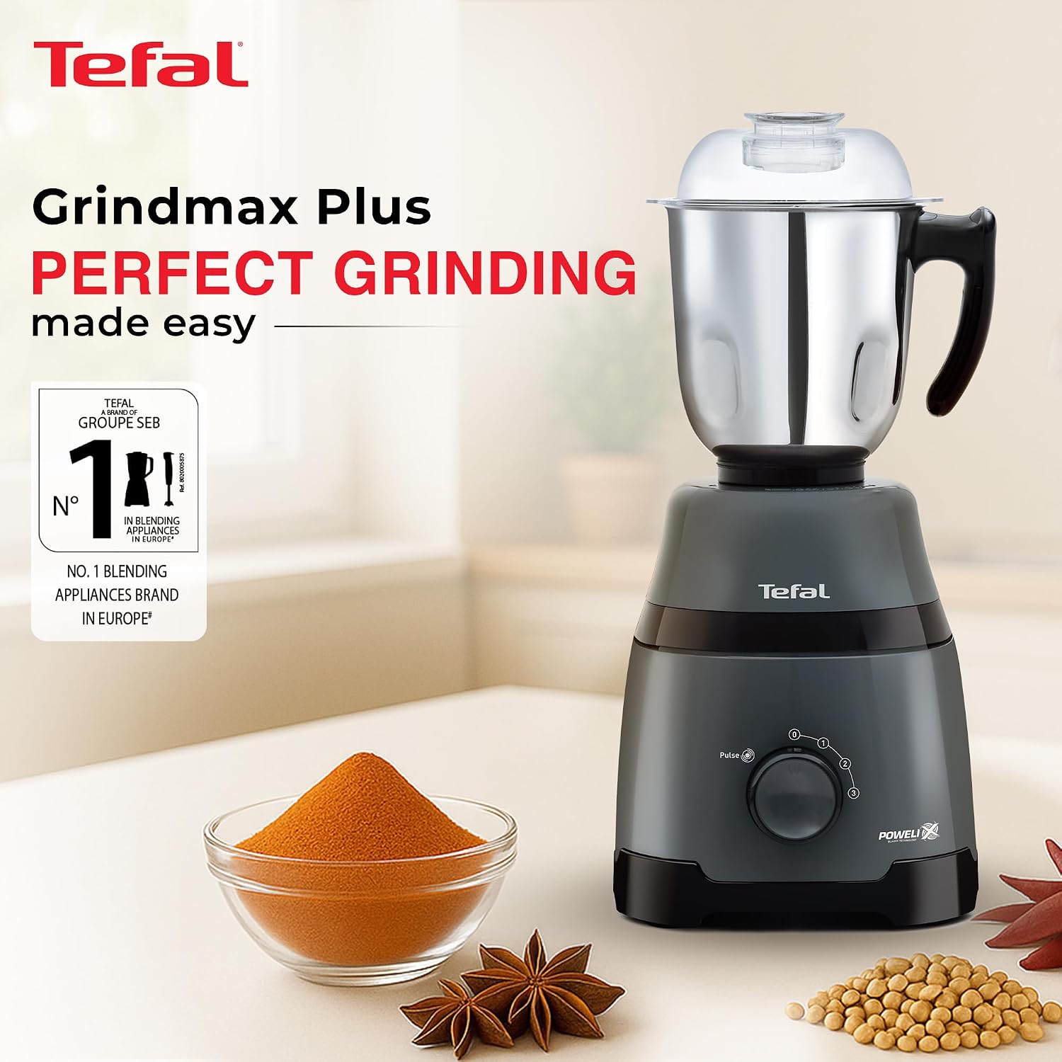 Tefal Grindmax Plus 800W Mixer Grinder, 4 Leak-Proof Heavy Duty Jars & Blender Jar with Fruit Filter, 20,000 RPM Motor, Powelix Blades, Ideal for Indian Cooking, Europe’s No.1 Brand