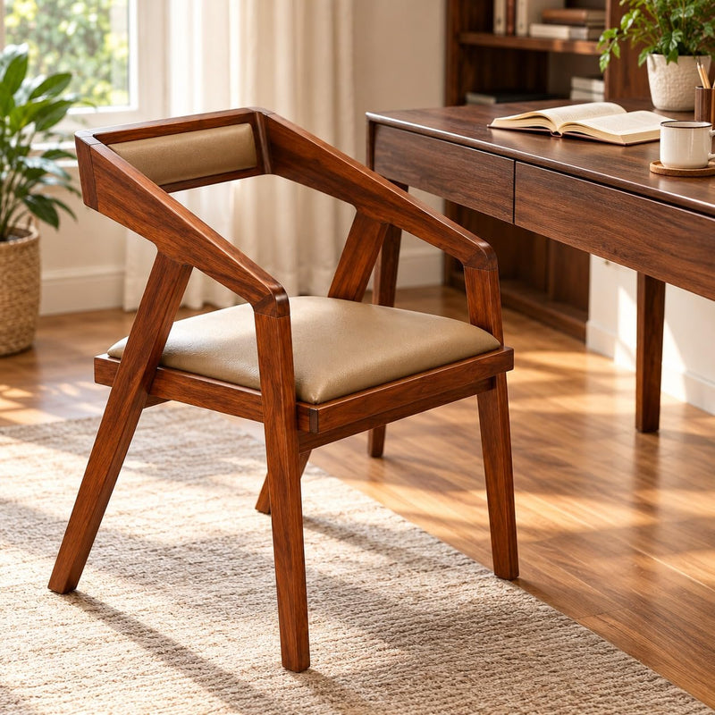 Modern Sheesham Wood Cafe Chair with Camel Upholstered Seat, Wooden Arm Chair for Lounge and Balcony Set of 1 (