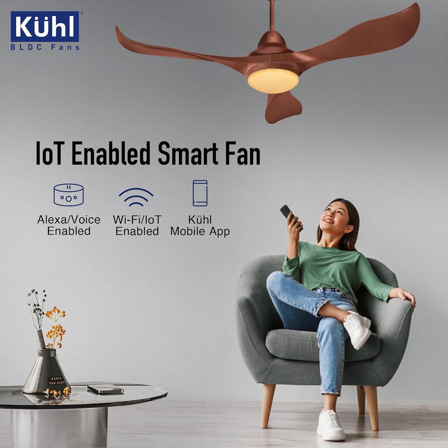KUHL Glanz F3 1320MM 65% Power Saving BLDC Ceiling Fan | BEE 5 Star Rated & ISI Marked | High Air Flow | 5Year Warranty on Motor By Brand |Free Installation | IoT Operate via Mobile & Alexa | Brown