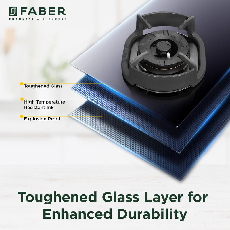 Faber 4 Burner 90cm Eros Hob |Auto-Ignition|Metal Knobs| Cast Iron Pan Support |Hob/Cooktop Hybrid| Black Glass Finish |