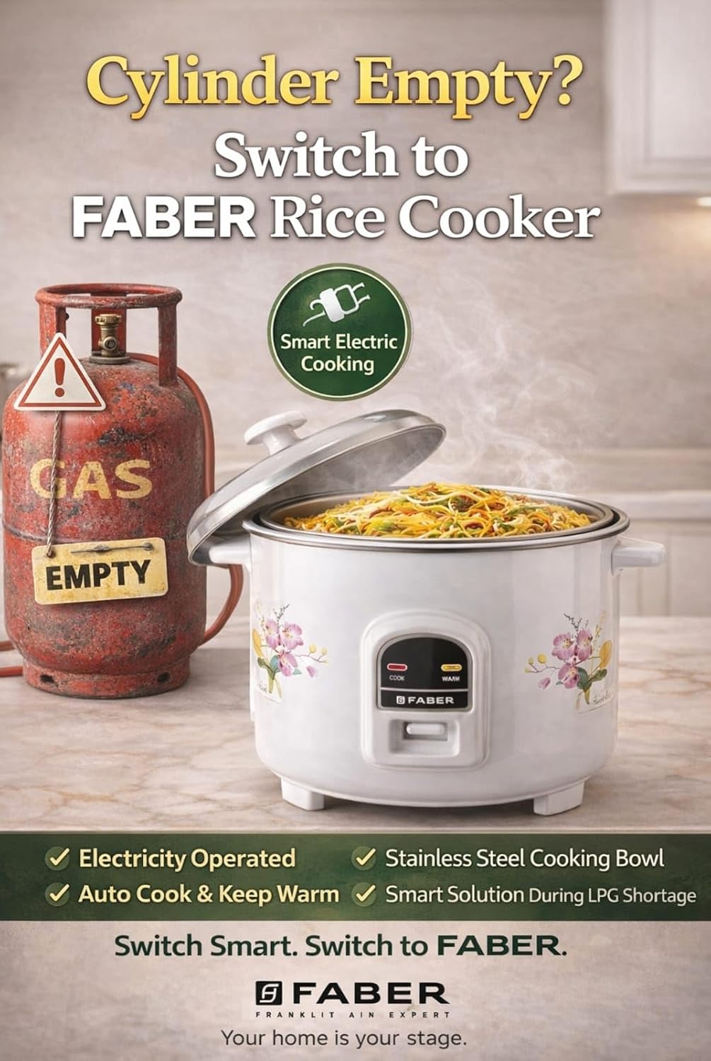 Faber 1.8L Rice Cooker|700watts|2 Stainless Steel Pot|Cool&Warm Mode|Floral White Finish| 2yrs Warranty on Product & 5yr