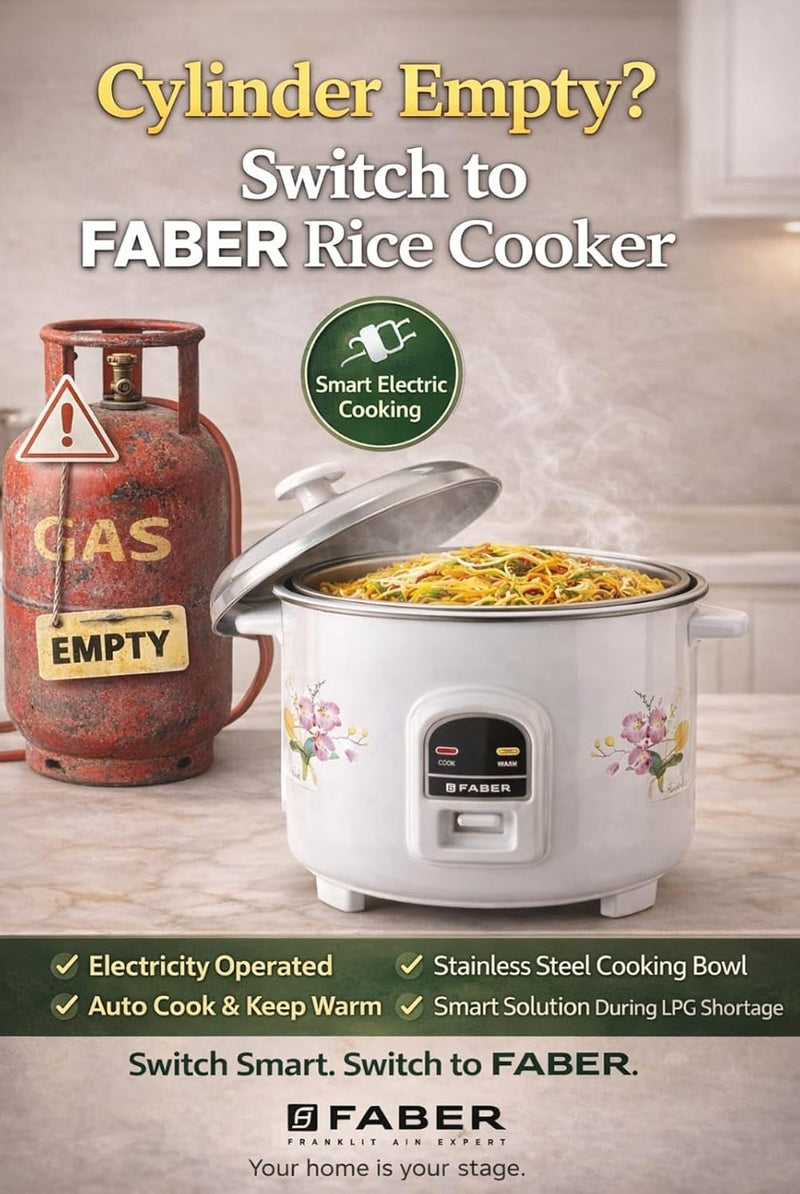 Faber 1.8L Rice Cooker|700watts|2 Stainless Steel Pot|Cool&Warm Mode|Floral White Finish| 2yrs Warranty on Product & 5yr