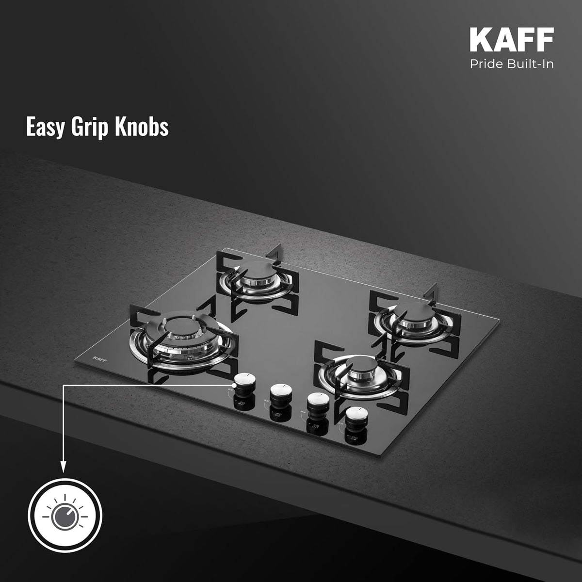 Kaff 60cm Built-in Hob 4 Burner | Auto Electric Ignition Gas Hob | Italian Burners | 8mm Toughened Glass Top | Easy Grip