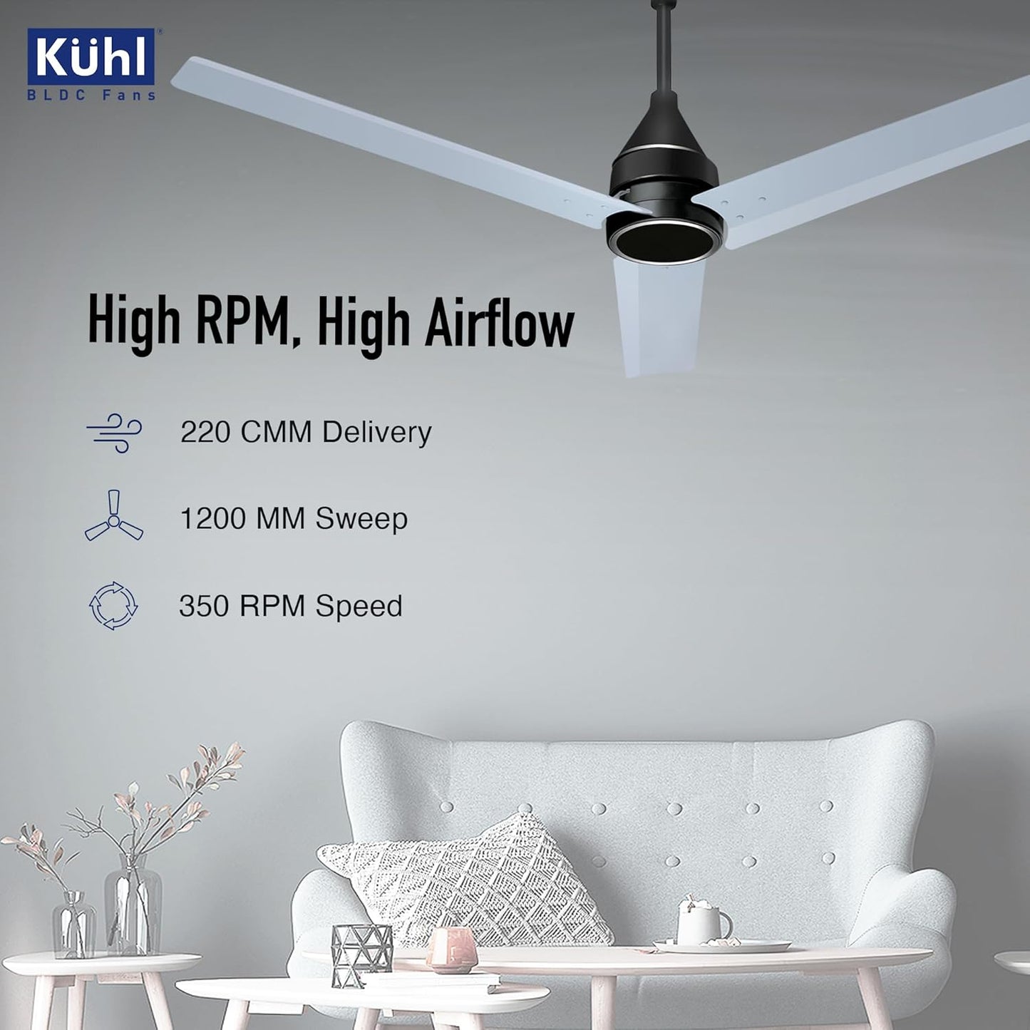 KUHL Arctis A4 1200 mm BLDC 65% Power Saving BLDC Ceiling Fan With Remote | BEE 5 Star Rated & ISI Marked | High Air Flow | 5 Year Warranty on Motor | Silver Mist