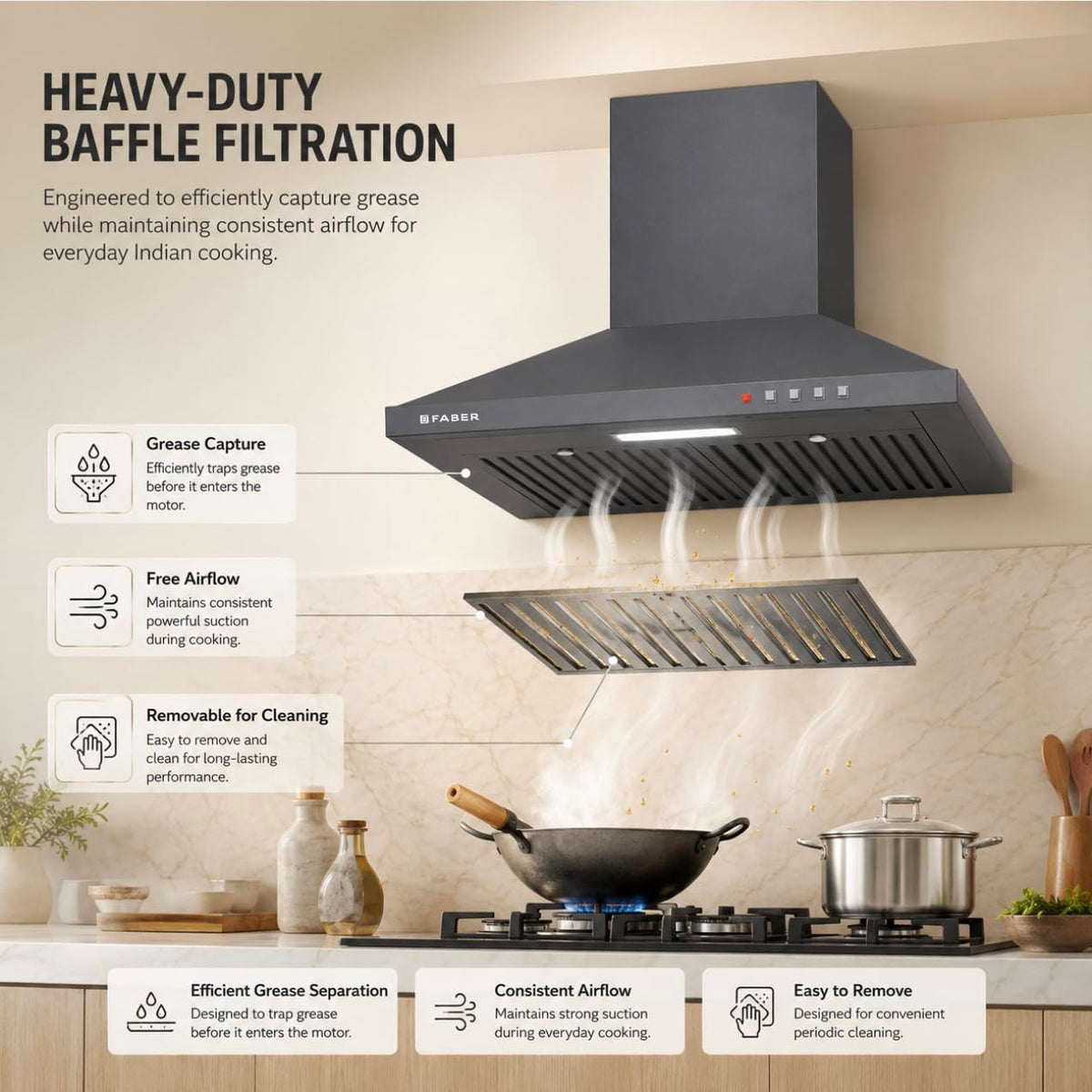 Faber SION 60 cm 900 m³/hr Wall Mounted Kitchen Chimney | Baffle Filter | Push Button | LED Lights | 1 Year Comprehensiv