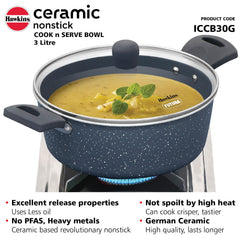 Hawkins Ceramic Nonstick Cook n Serve Bowl with Glass Lid, 3 Litre, Induction Pot, Granite Casserole (ICCB30G)