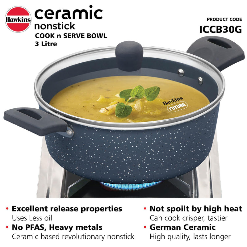 Hawkins Ceramic Nonstick Cook n Serve Bowl with Glass Lid, 3 Litre, Induction Pot, Granite Casserole (ICCB30G)