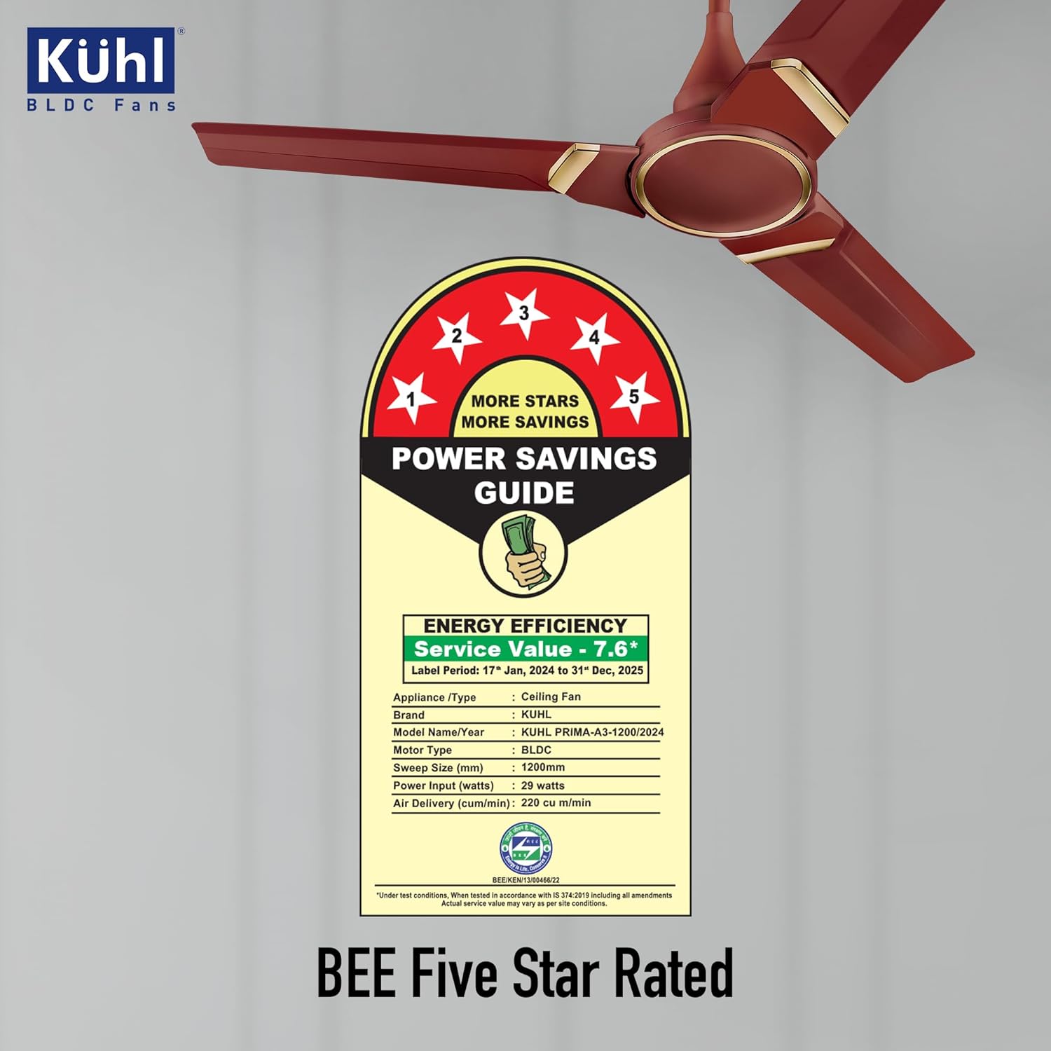 KUHL Prima A3 1200mm BLDC Ceiling Fan with Remote | INR 300 Off on Exchange | 5- Rated | High Airflow | Saves up to 65% Electricity | 5-Year Warranty | Brown