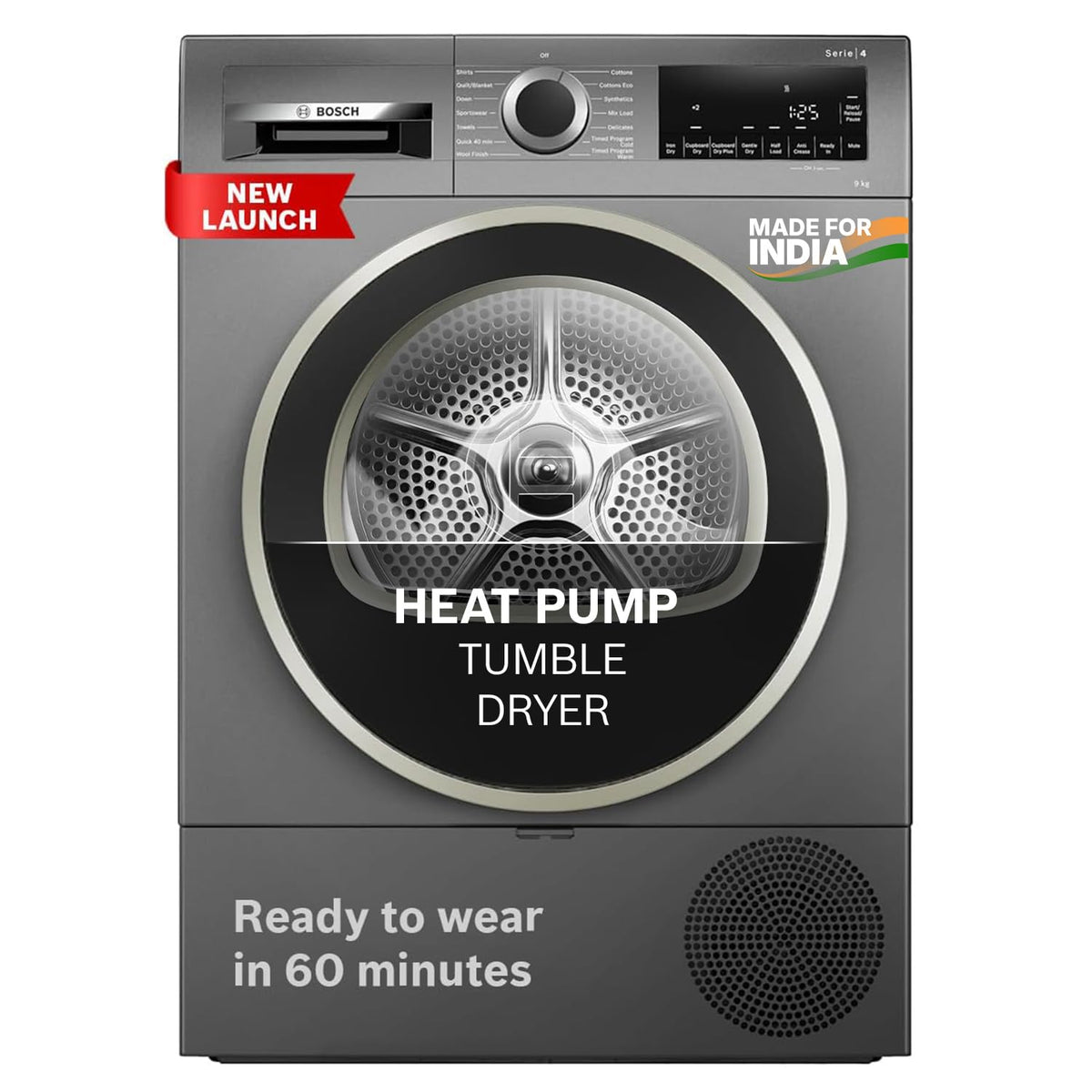 Bosch 9 kg Front Load Fully-Automatic Heat Pump Tumble Dryer, 100% Drying, 5 Drying Options, Reduces 99.9% Allergens, Re