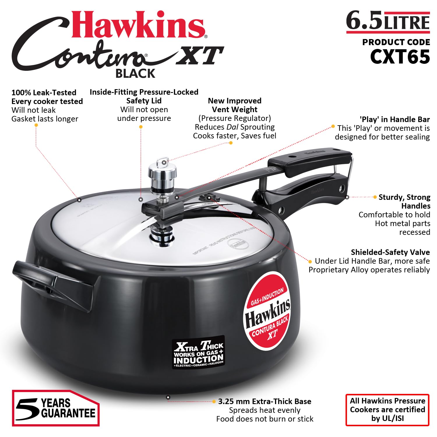 Hawkins 6.5 Litre Contura Black XT Pressure Cooker, Hard Anodised Inner Lid Cooker, Induction Cooker, Black (CXT65)