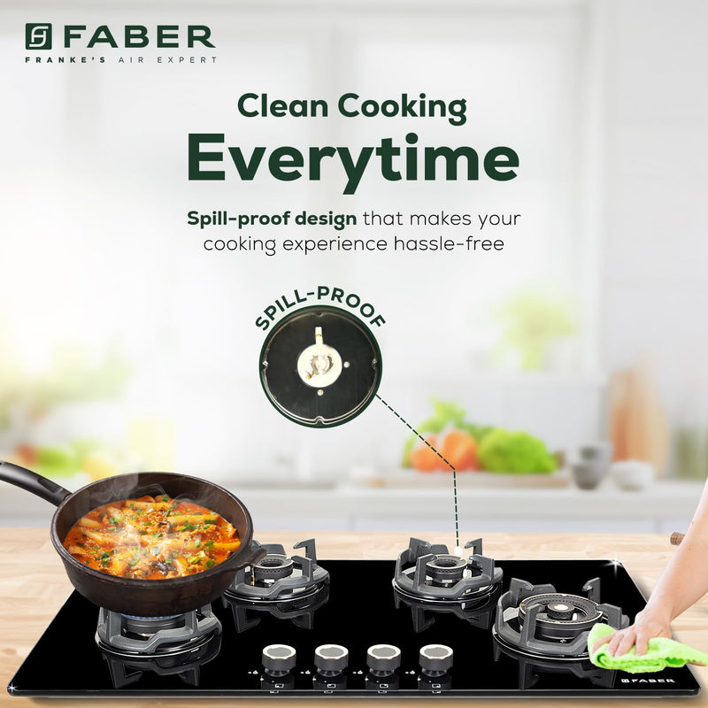 Faber 90Cm 4 Burner HOB|Auto Ignition|Built-In Or Hobtop|Flame Failure Device|Cast Iron Pan Support|Glass Matt Finish|Me