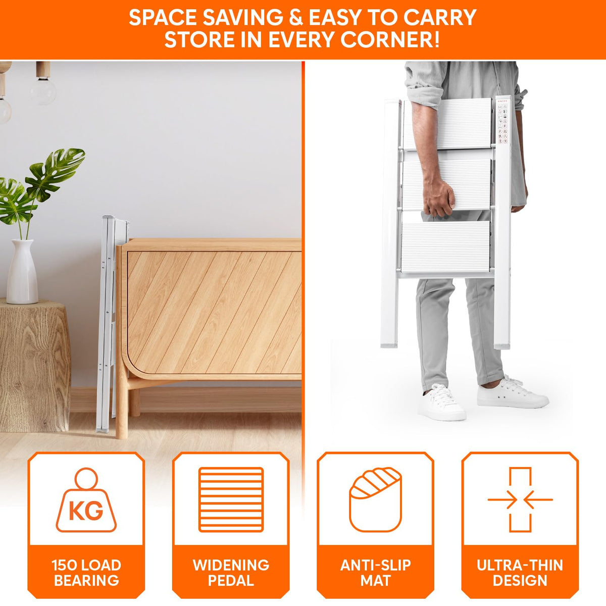 Corvids 3-Steps Premium Folding Step Stool with Wide Anti-Slip Pedal, Portable Lightweight Aluminum Step Ladder for Home and Office Use (White)