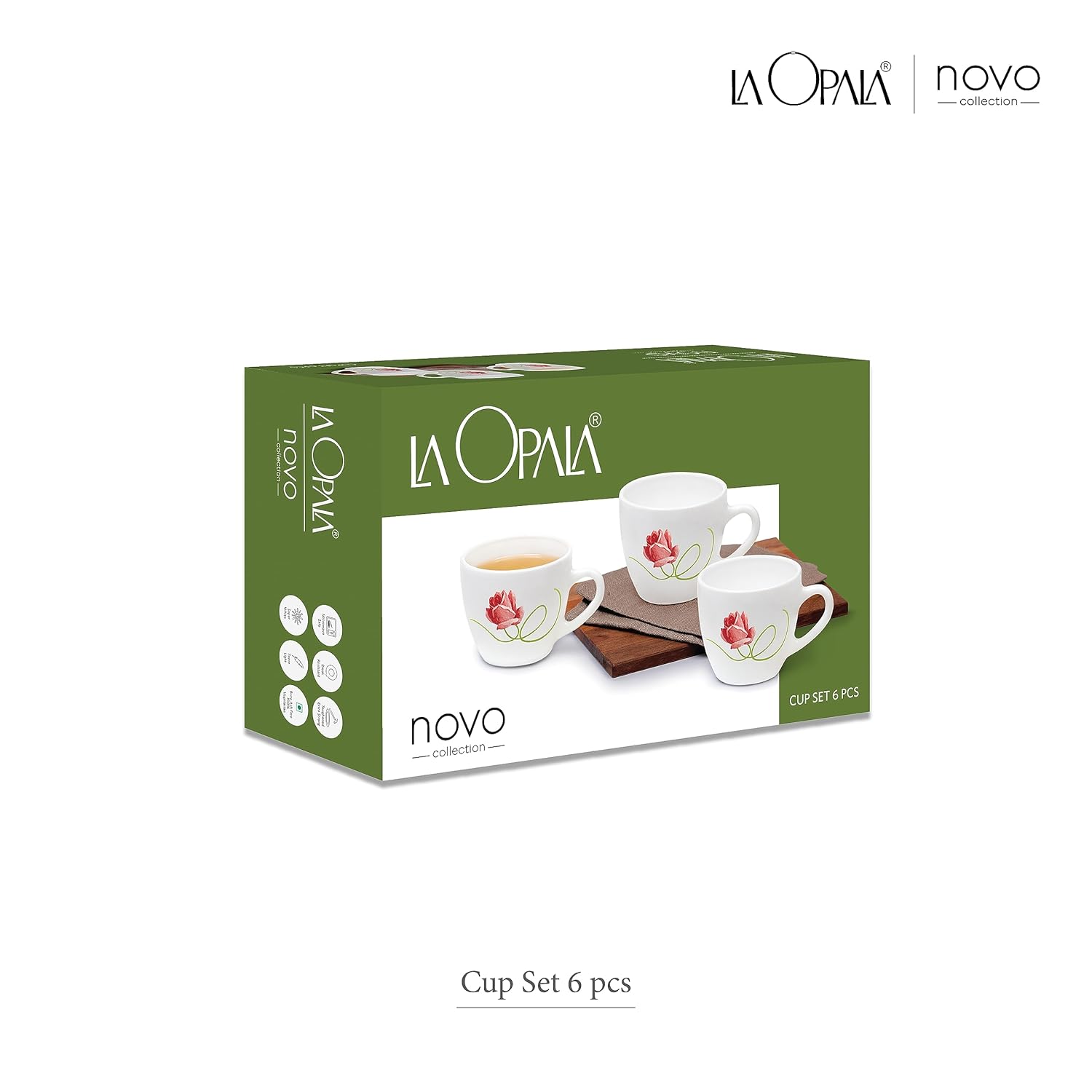 La Opala, Novo Collection Opal Glass Crockery | Cup Lily, Set of 6 | Radiant Curves, 150 ml | for Tea & Coffee | Microwave Safe | 100% Vegetarian | Toughened Extra Strong | Super Light | Super White