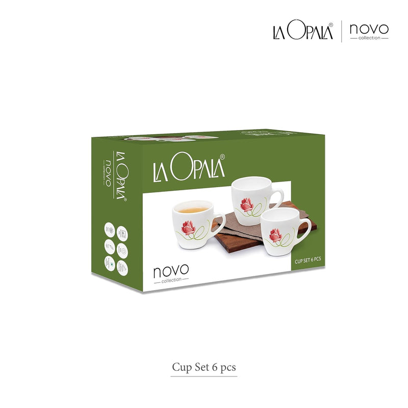 La Opala, Novo Collection Opal Glass Crockery | Cup Lily, Set of 6 | Radiant Curves, 150 ml | for Tea & Coffee | Microwave Safe | 100% Vegetarian | Toughened Extra Strong | Super Light | Super White