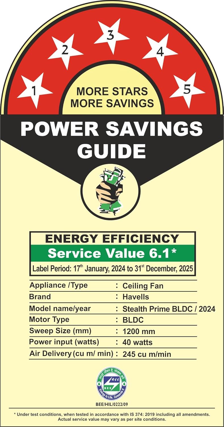 Havells 1200mm Stealth Prime Bldc Motor Ceiling Fan Most Silent & Premium,5 stars With Rf Remote,100% Copper Upto 55% Energy Saving,Timer,Memory Backup (Pack Of 1,Marble Pearl White)