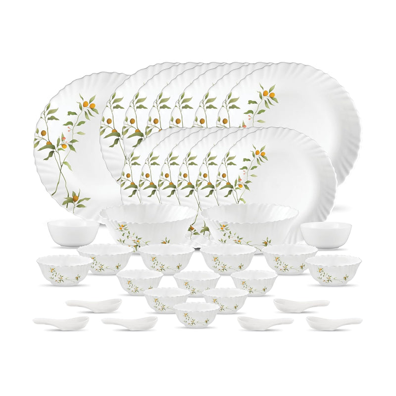 La Opala Novo Collection Opal Glass Crockery | for Family of 6 | Dinner Set 35 pcs Vivid Greens | Plates & Bowls for Dining | Microwave Safe | 100% Vegetarian | Extra Strong | Light & White