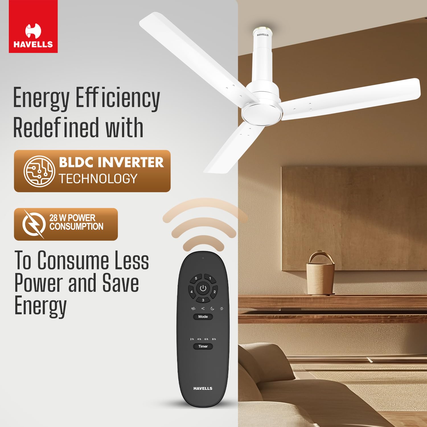 Havells 1200mm Elio BLDC Ceiling Fan | Remote Controlled, High Air Delivery Fan | 5 Star Rated, Upto 60% Energy Saving, 2+1* Year Warranty | (Pack of 1, Elegant White)