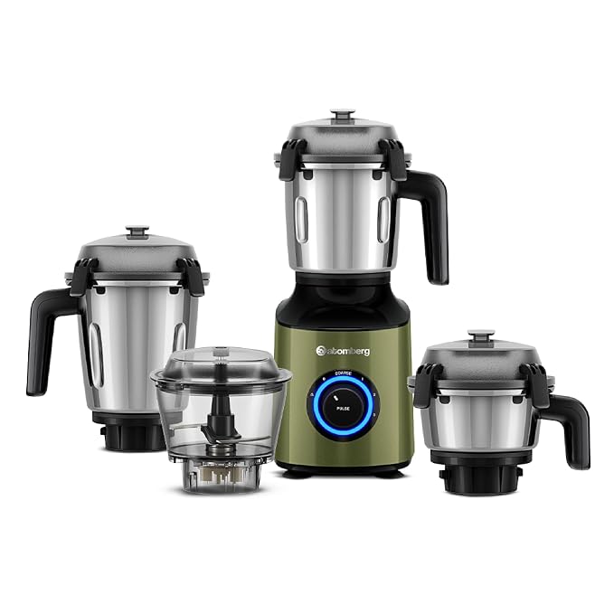 Atomberg Zenova Mixer Grinder | Unique Coarse Mode for Silbatta-like Texture | Intelligent BLDC Motor | Safety Features | 4 Jars including Chopper | Hands-Free Operation (Olive Grove)