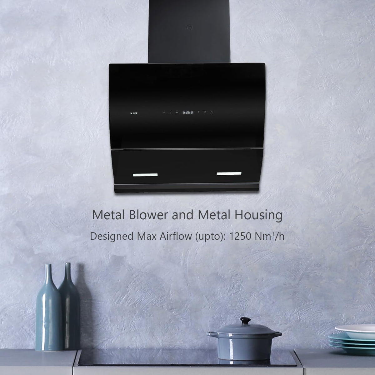 Kaff LYRA DHC 60 Filter-less Auto Clean Slant Kitchen Chimney 60 CM with 1250 m3/hr Suction Capacity, Touch with Motion 