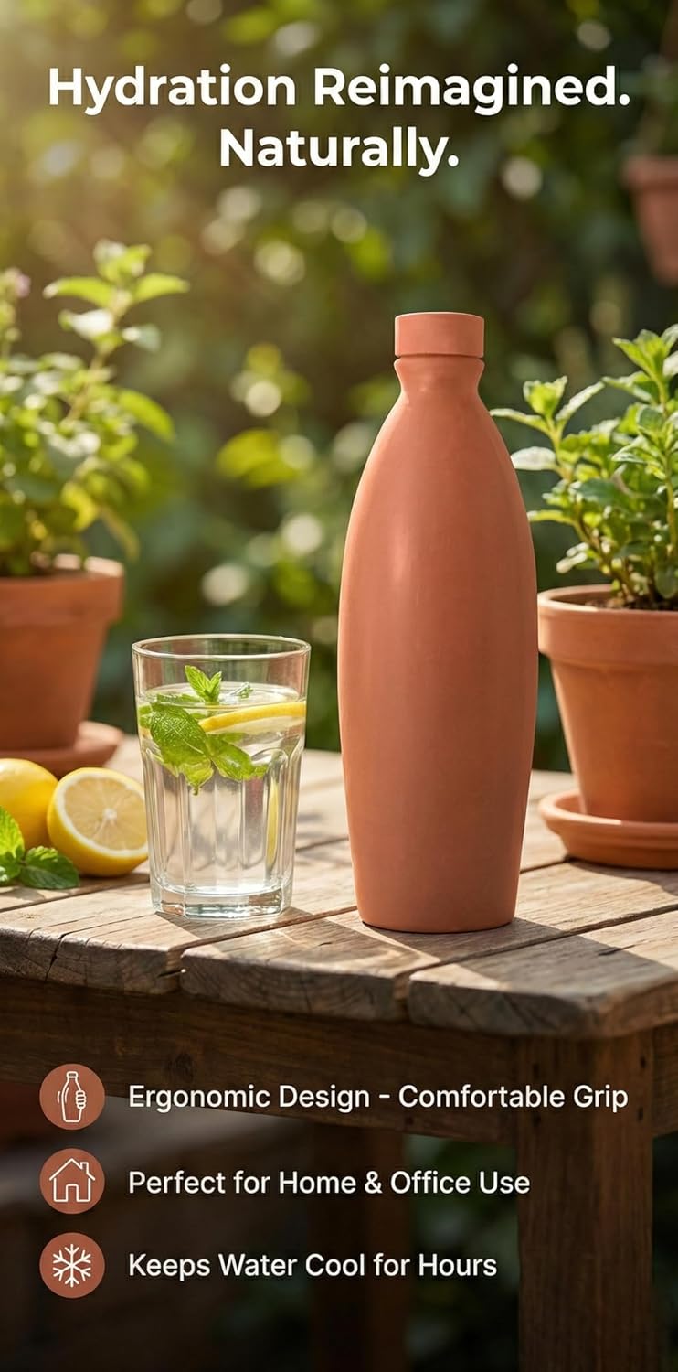 Bindian Handcrafted Terracotta Water Bottle, Natural Clay Mitti Bottle with pH Balancing, Mineral Rich Calcium Magnesium, Plastic-Free Traditional Surahi