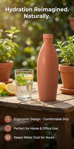 Bindian Handcrafted Terracotta Water Bottle, Natural Clay Mitti Bottle with pH Balancing, Mineral Rich Calcium Magnesium, Plastic-Free Traditional Surahi