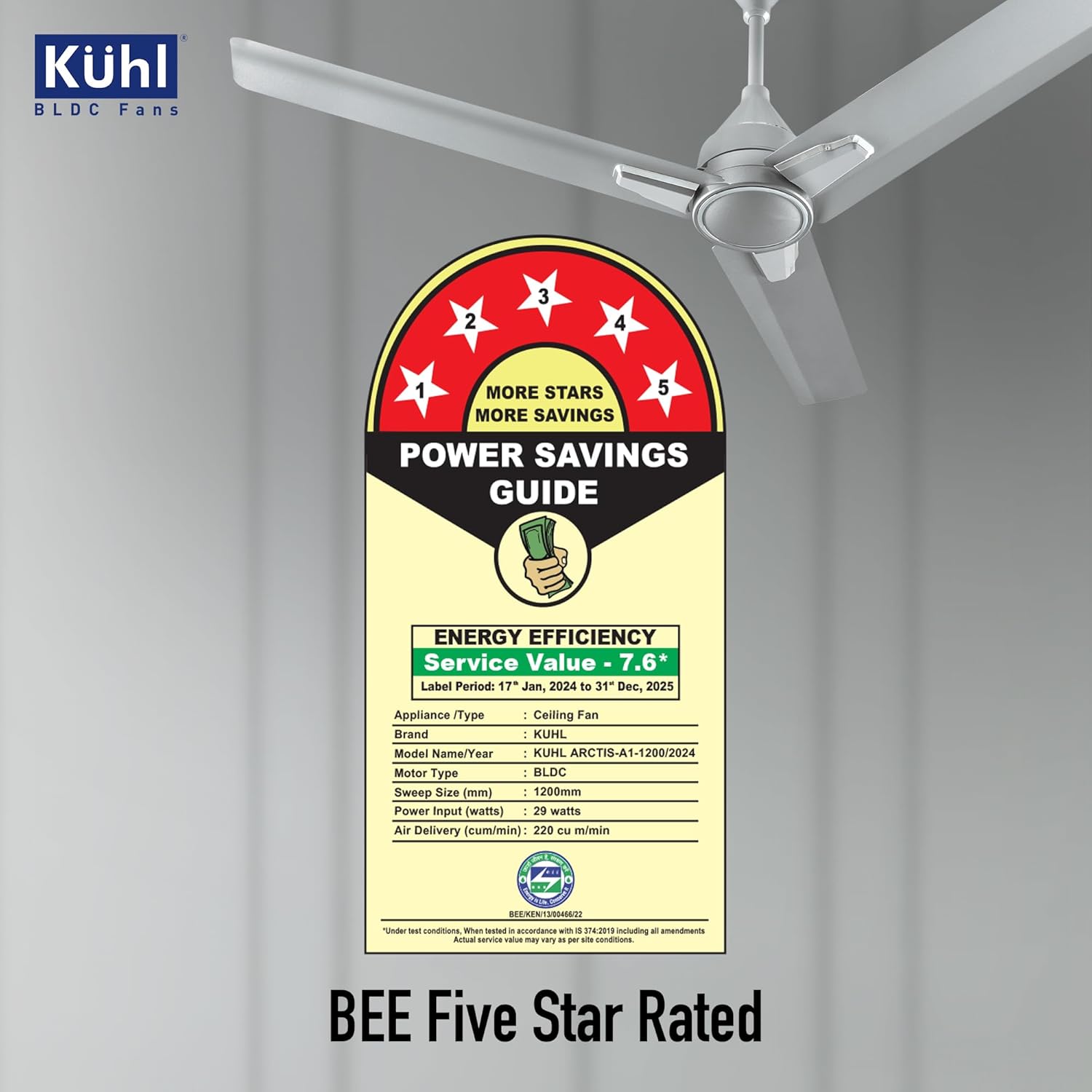 KUHL Arctis A1 1200 Mm 65% Power Saving Bldc Ceiling Fan With Remote | Bee 5 Star Rated & Isi Marked | High Air Flow | 5 Year Warranty | Grey