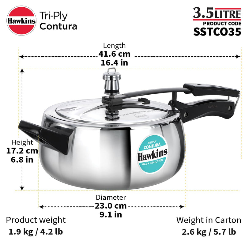 Hawkins 3.5 Litre Triply Contura Pressure Cooker, Triply Stainless Steel Induction & Contura shaped Cooker, Silver (SSTCO35)