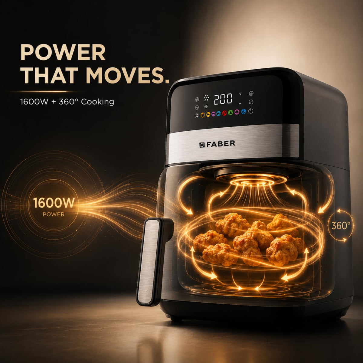 Faber 7L 1600W Digital Air Fryer | Fry, Bake, Roast, Toast, Defrost, Grill & Reheat | 85% Less Oil, 360° Air Cooking | 8