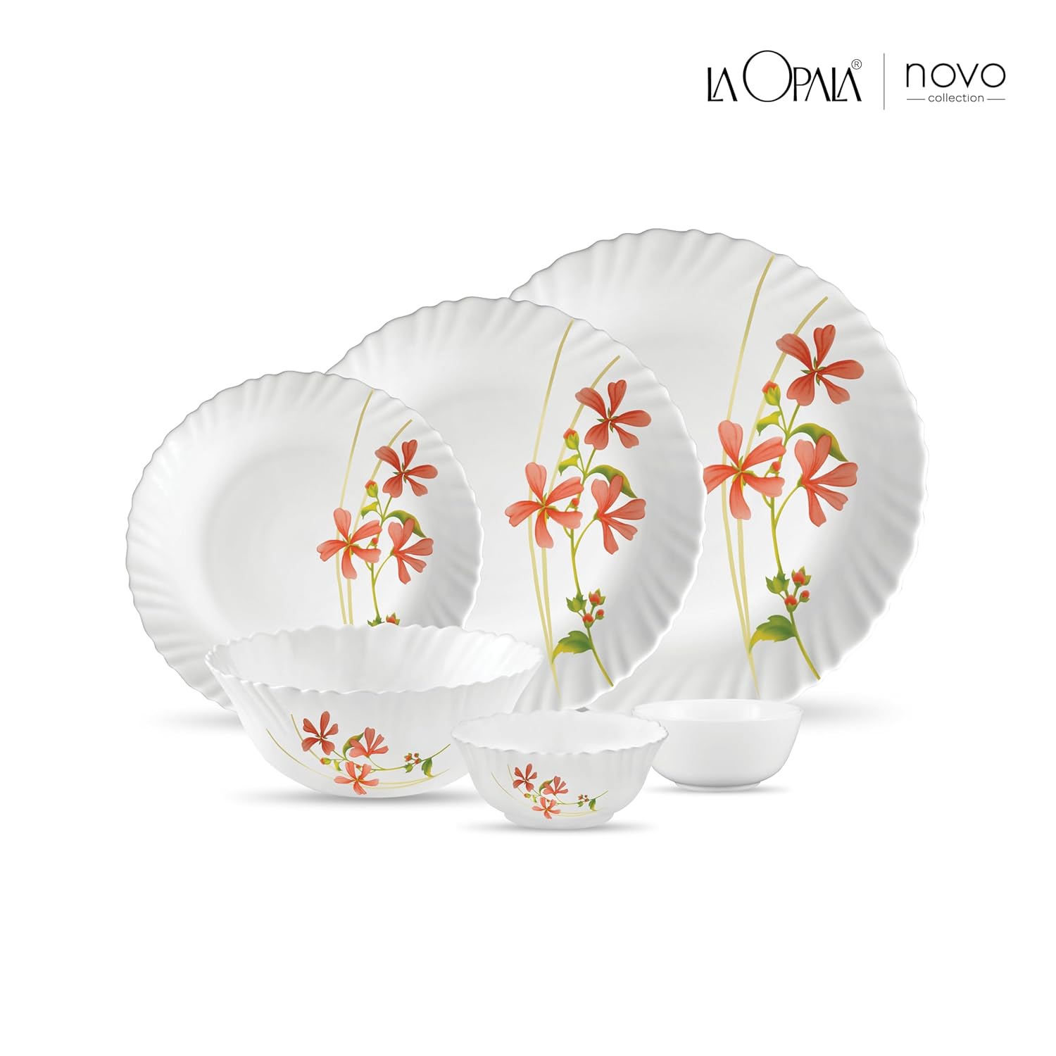 La Opala, Novo Collection, Opal Glass Floral Dinner Set 23 Pcs, Coral Charm, White
