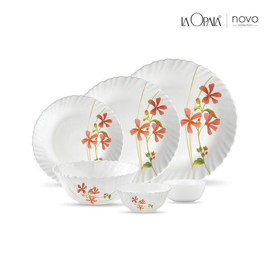 La Opala, Novo Collection, Opal Glass Floral Dinner Set 23 Pcs, Coral Charm, White