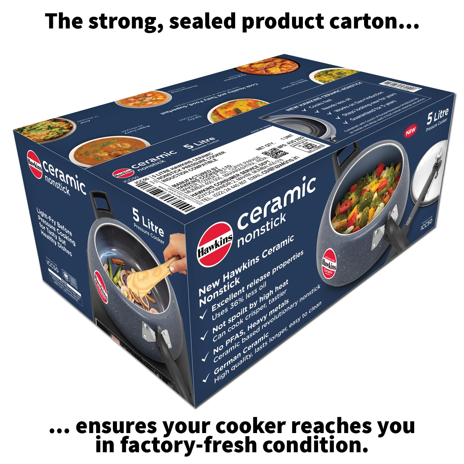 Hawkins 5 Litre Ceramic Nonstick Pressure Cooker, Induction Inner Lid Cooker, Granite Contura shaped Cooker, Blue (ICC50)