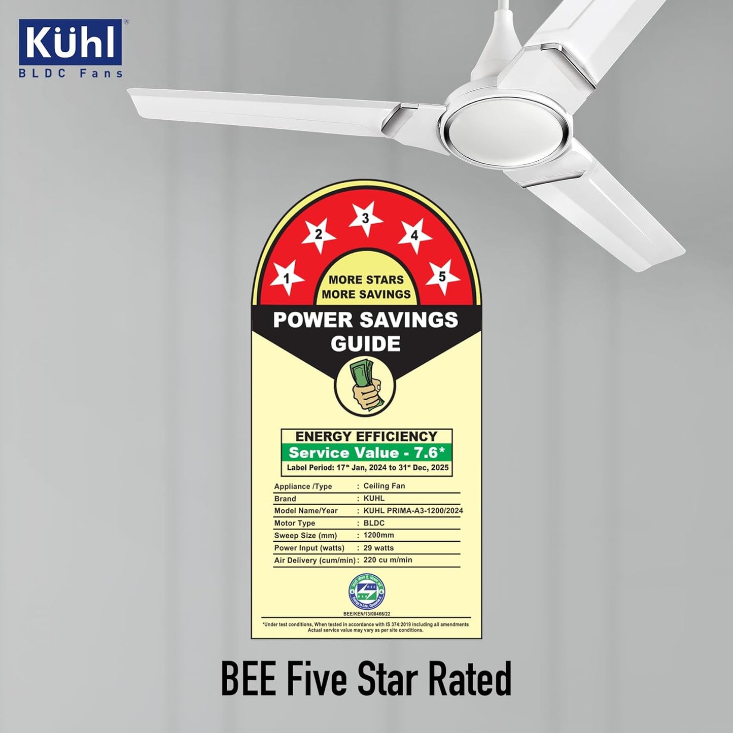 KUHL Prima A3 1200mm BLDC Ceiling Fan with Remote | 5-Star Rated | High Airflow | Saves up to 65% Electricity | 5-Year Brand Warranty | White