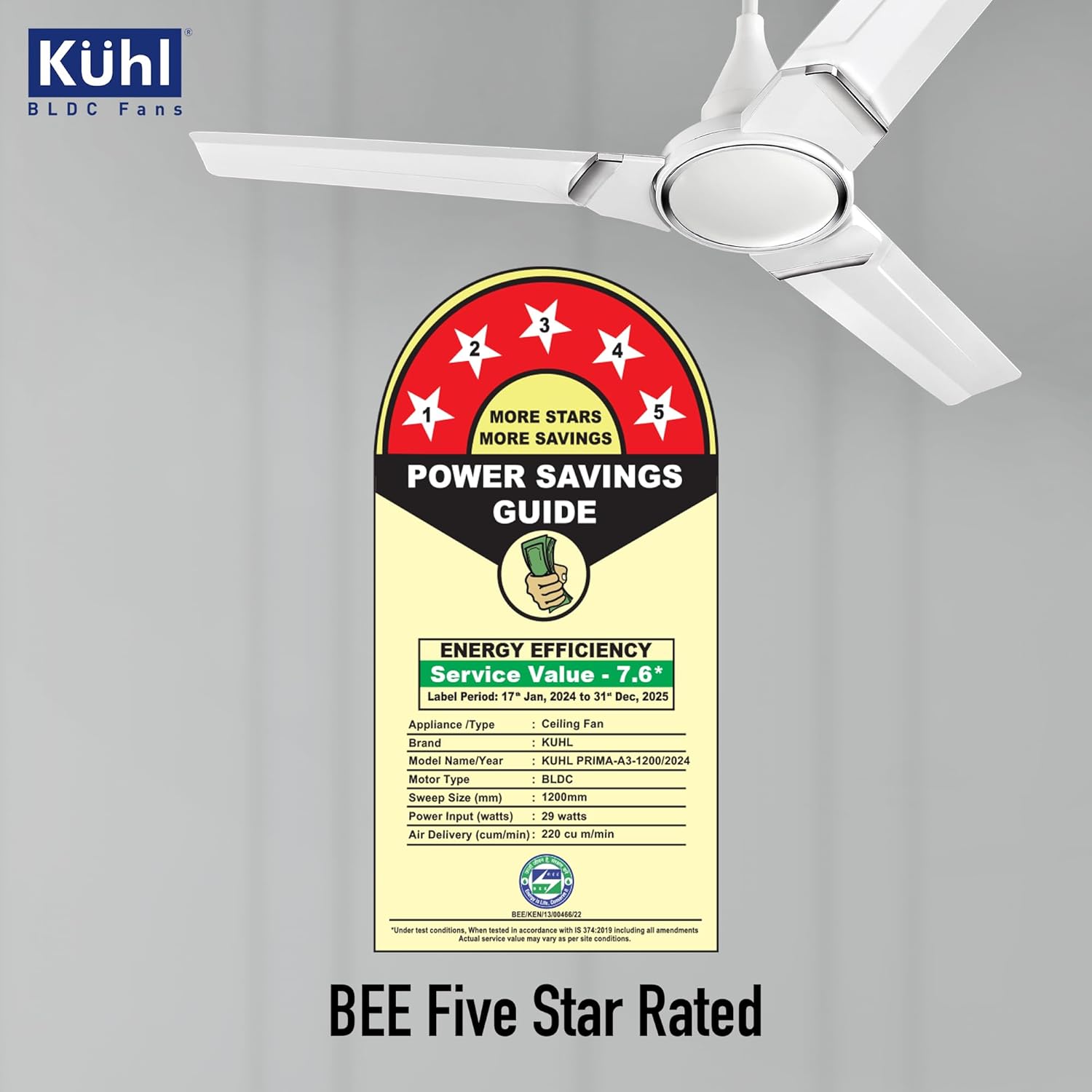 KUHL Prima A3 1200mm BLDC Ceiling Fan with Remote | 5-Star Rated | High Airflow | Saves up to 65% Electricity | 5-Year Brand Warranty | White