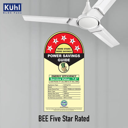 KUHL Prima A3 1200mm BLDC Ceiling Fan with Remote | 5-Star Rated | High Airflow | Saves up to 65% Electricity | 5-Year Brand Warranty | White