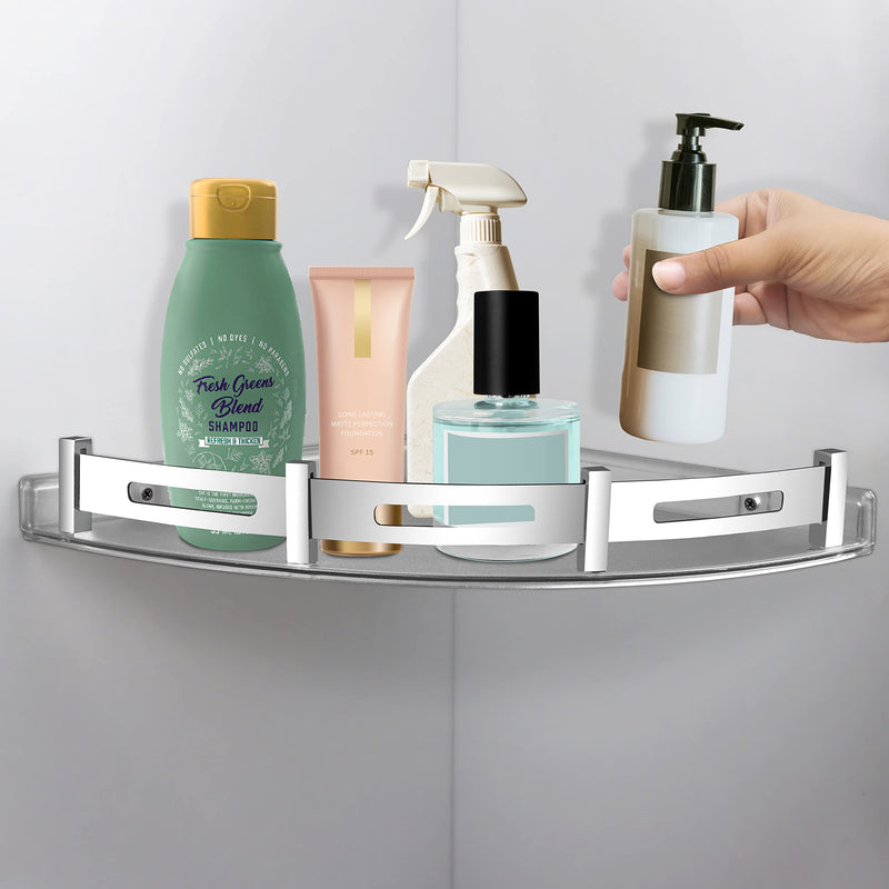 Plantex Bathroom Corner Shelf for Wall Plastic/Unbreakable Corner Stand for Bathroom with Stainless Steel Railings/Bathroom Accessories (9x9 inches, Transparent)-5