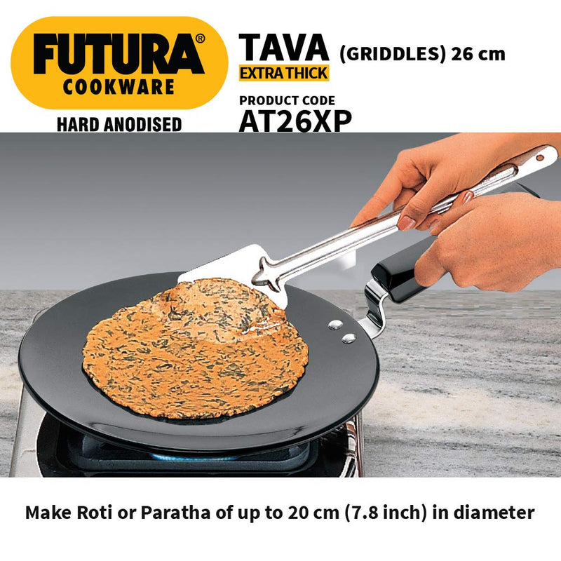Hawkins Futura 26 cm Tava, Hard Anodised Tawa with Plastic Handle, Extra Thick Tawa, Black (AT26XP)