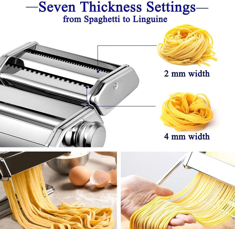 Pasta Maker, 150 Roller Pasta Machine, 7 Adjustable Thickness Settings Noodles Roller with 2-in-1 Noodles Maker with Rollers and Cutter, Perfect for Spaghetti,Fettuccini, Lasagna or Dumpling Skins (smooth silver)