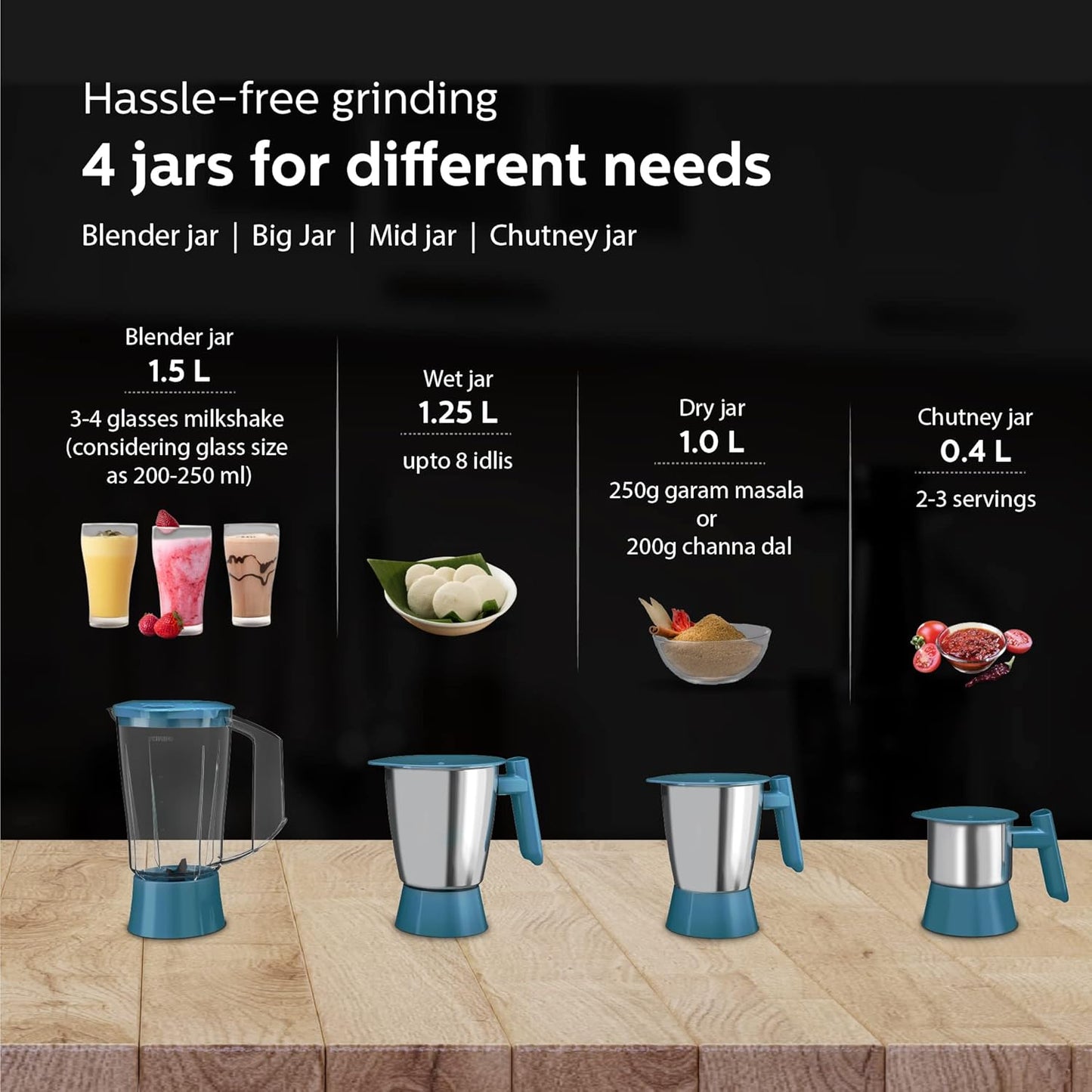 Philips HL7536/01-500 W Mixer Grinder with 4 Jar (3 Stainless Steel Jar +1 Blender Jars), Bigger jar sizes, with 5 Year Warranty on Motor