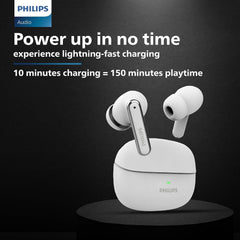 Philips TAT1150WT/94 Wireless Earbuds with ANC,Quad Mic ENC,Up to 55 Hr Playtime, 13mm Neodymium Drivers